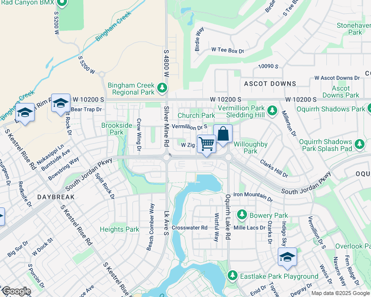map of restaurants, bars, coffee shops, grocery stores, and more near 4723 West Zig Zag Road in South Jordan