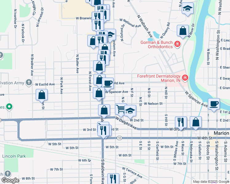 map of restaurants, bars, coffee shops, grocery stores, and more near 300 North Western Avenue in Marion