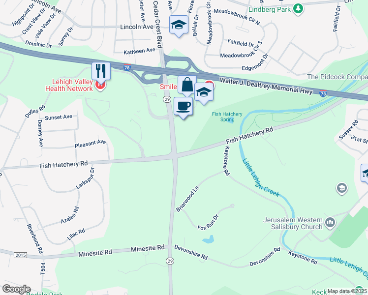 map of restaurants, bars, coffee shops, grocery stores, and more near 1275-1281 South Cedar Crest Boulevard in Allentown