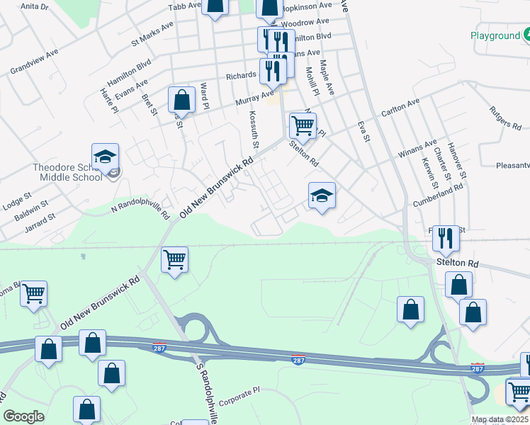 map of restaurants, bars, coffee shops, grocery stores, and more near 8003 Avalon Way in Piscataway