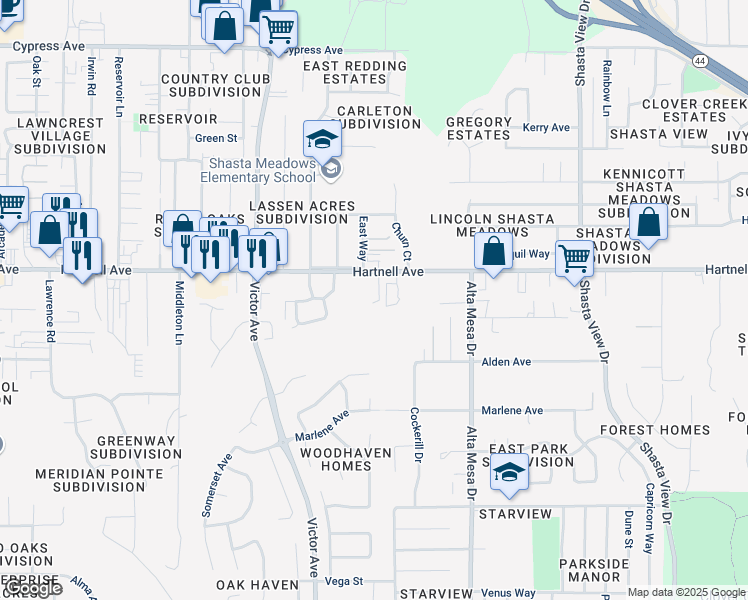 map of restaurants, bars, coffee shops, grocery stores, and more near 1999 Hartnell Avenue in Redding