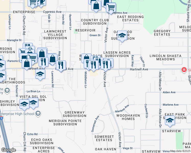 map of restaurants, bars, coffee shops, grocery stores, and more near 1647 Hartnell Avenue in Redding