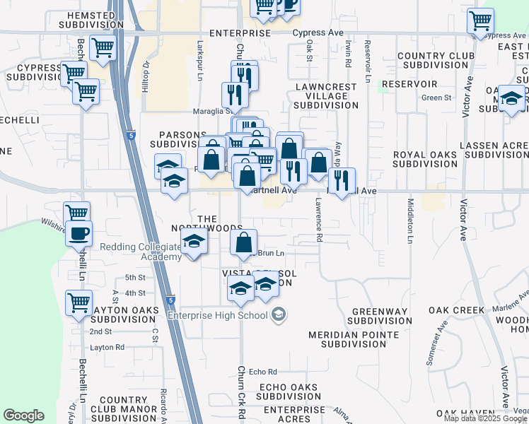 map of restaurants, bars, coffee shops, grocery stores, and more near 1073-1083 Hartnell Avenue in Redding