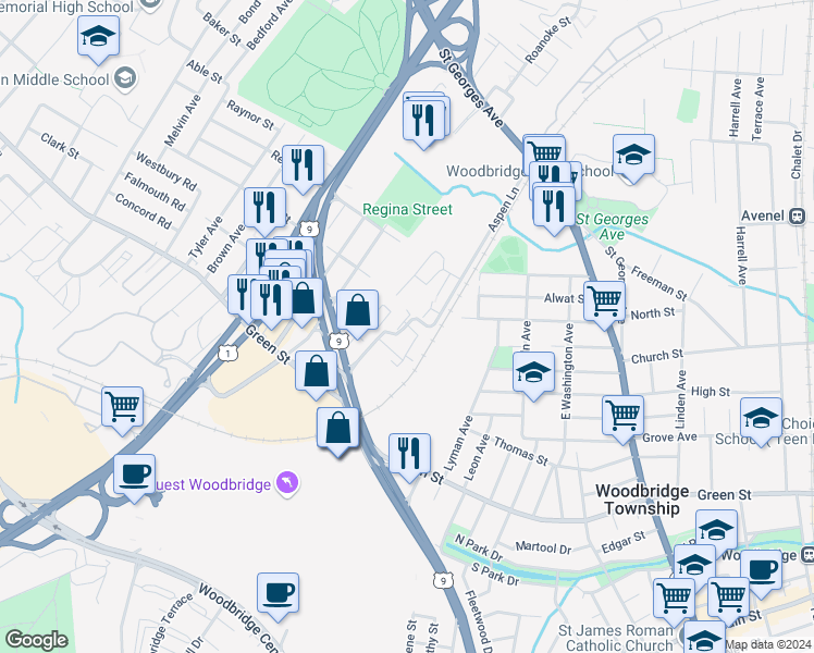 map of restaurants, bars, coffee shops, grocery stores, and more near 10 Aspen Lane in Woodbridge Township