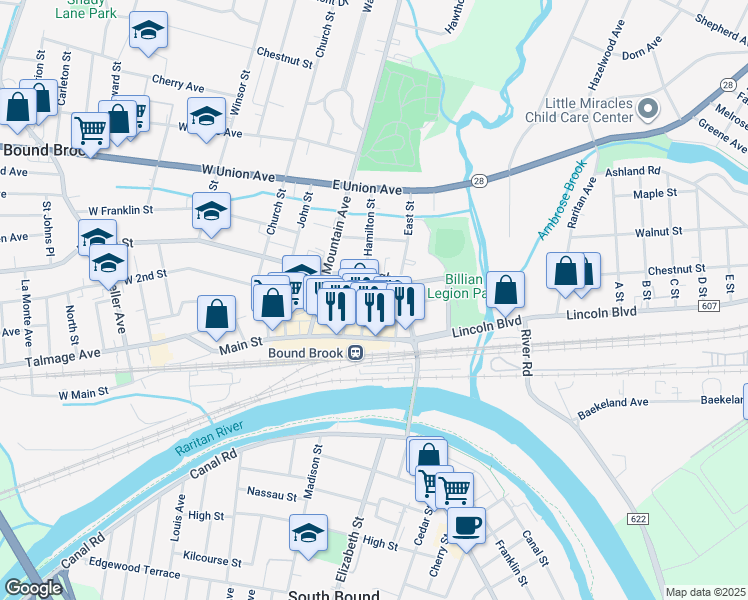 map of restaurants, bars, coffee shops, grocery stores, and more near 101-187 East Street in Bound Brook