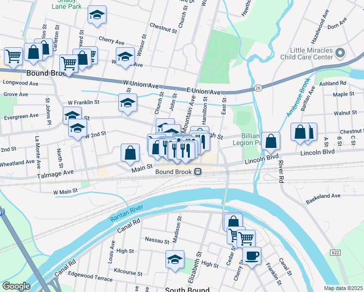 map of restaurants, bars, coffee shops, grocery stores, and more near 105 Mountain Avenue in Bound Brook