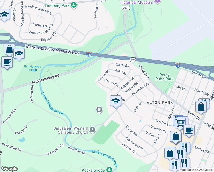 map of restaurants, bars, coffee shops, grocery stores, and more near 1415 Sage Street in Allentown