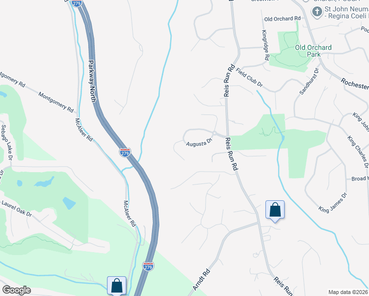 map of restaurants, bars, coffee shops, grocery stores, and more near 1621 Augusta Drive in Pittsburgh