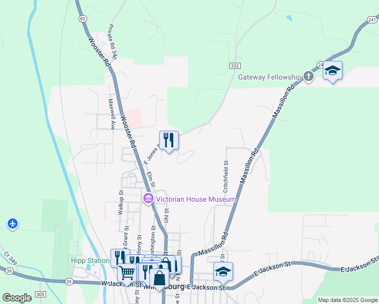 map of restaurants, bars, coffee shops, grocery stores, and more near 151 East Jones Street in Millersburg