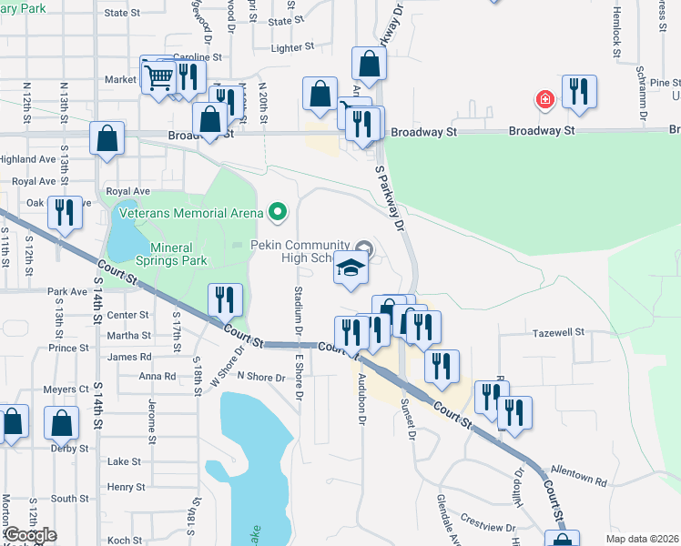 map of restaurants, bars, coffee shops, grocery stores, and more near 1903 Court Street in Pekin