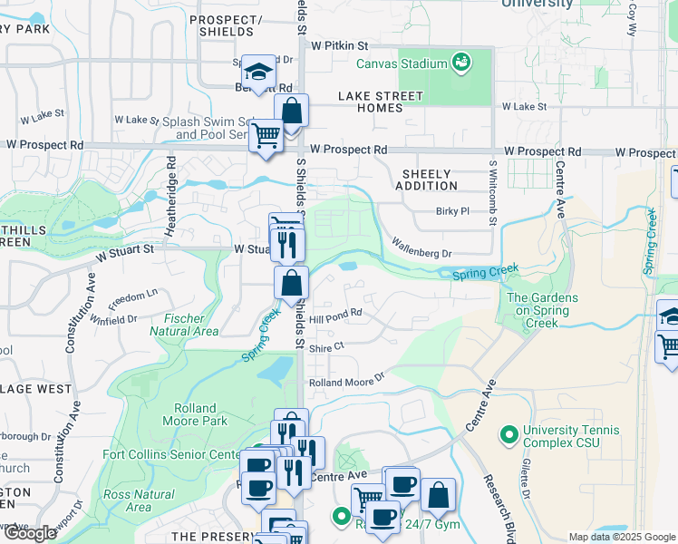 map of restaurants, bars, coffee shops, grocery stores, and more near 1901 Waters Edge Street in Fort Collins