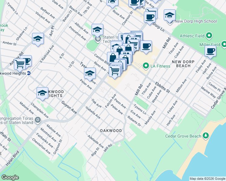 map of restaurants, bars, coffee shops, grocery stores, and more near 604 Tysens Lane in Staten Island