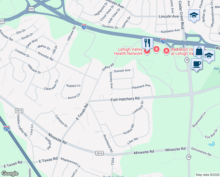 map of restaurants, bars, coffee shops, grocery stores, and more near 1384 Dorney Avenue in Allentown