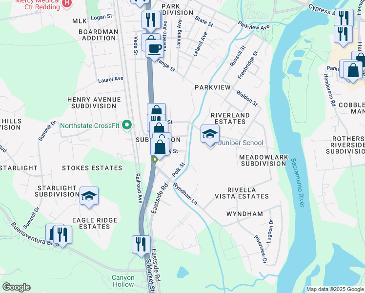 map of restaurants, bars, coffee shops, grocery stores, and more near 3460 Polk Street in Redding
