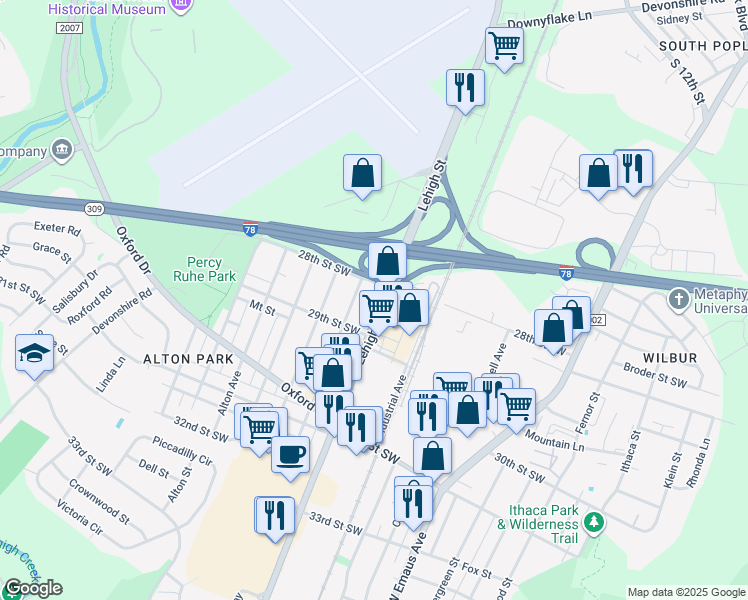 map of restaurants, bars, coffee shops, grocery stores, and more near 2818 Lehigh Street in Allentown