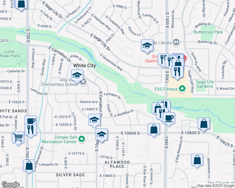map of restaurants, bars, coffee shops, grocery stores, and more near 1091 Larkspur Drive in Sandy