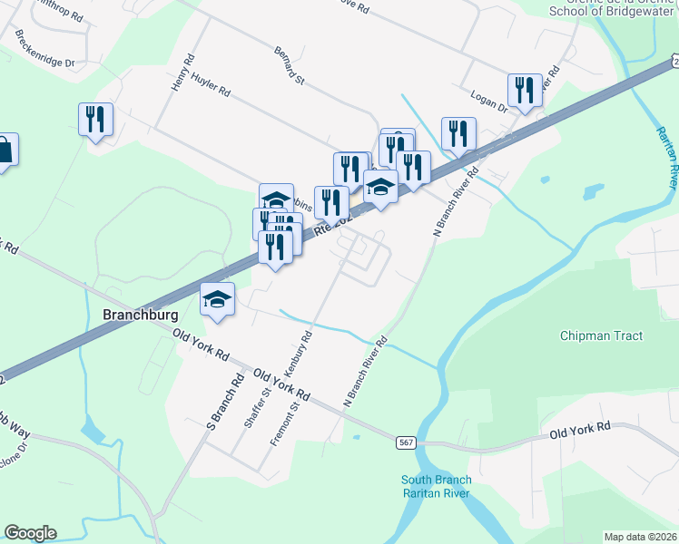 map of restaurants, bars, coffee shops, grocery stores, and more near 14 Kenbury Road in Branchburg