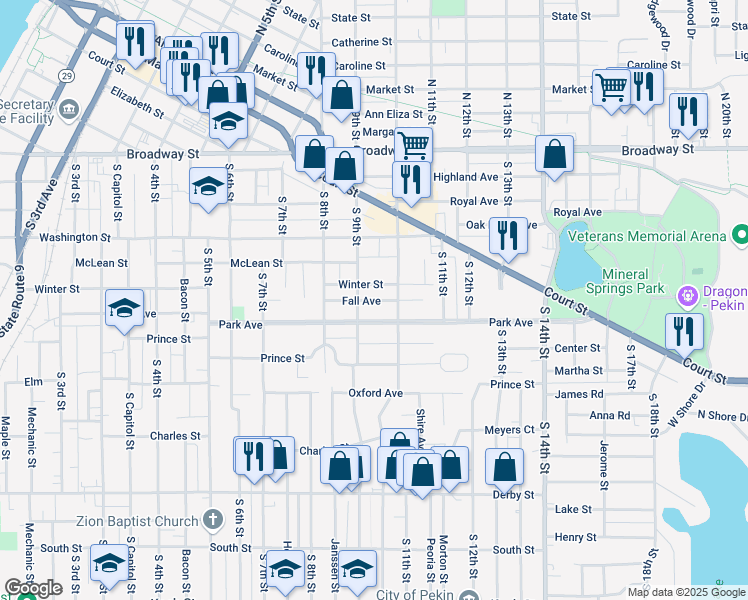 map of restaurants, bars, coffee shops, grocery stores, and more near Fall Avenue in Pekin