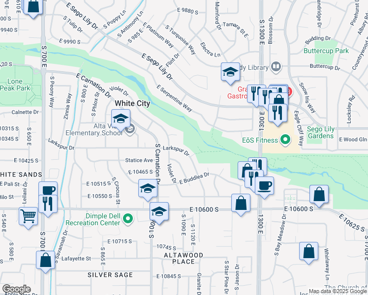 map of restaurants, bars, coffee shops, grocery stores, and more near 1091 Larkspur Drive in Sandy