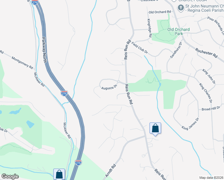 map of restaurants, bars, coffee shops, grocery stores, and more near 1636 Augusta Drive in Pittsburgh
