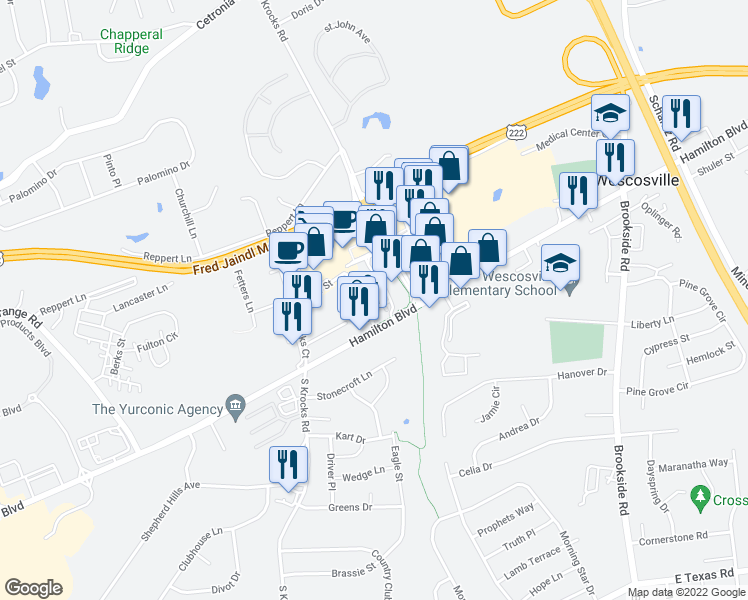 map of restaurants, bars, coffee shops, grocery stores, and more near 10 Quince Road in Allentown