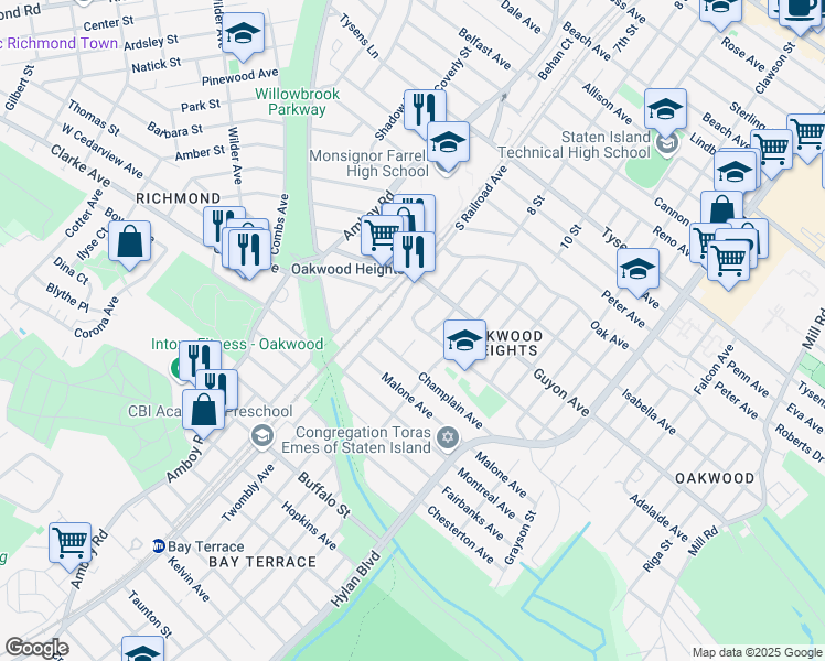 map of restaurants, bars, coffee shops, grocery stores, and more near 130 Adelaide Avenue in Staten Island