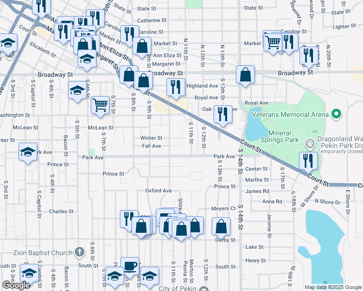 map of restaurants, bars, coffee shops, grocery stores, and more near 1099 Fall Avenue in Pekin