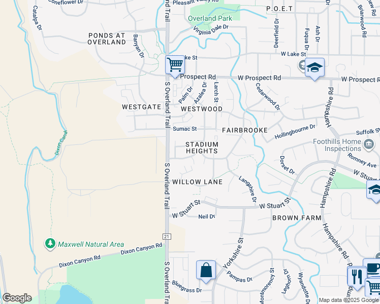 map of restaurants, bars, coffee shops, grocery stores, and more near 1925 Pecan Street in Fort Collins