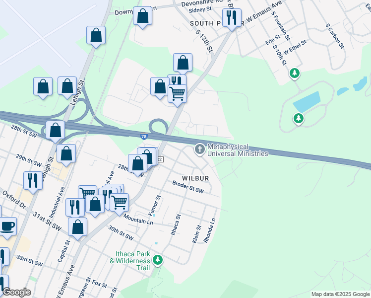 map of restaurants, bars, coffee shops, grocery stores, and more near 2502 Fernor Street in Allentown