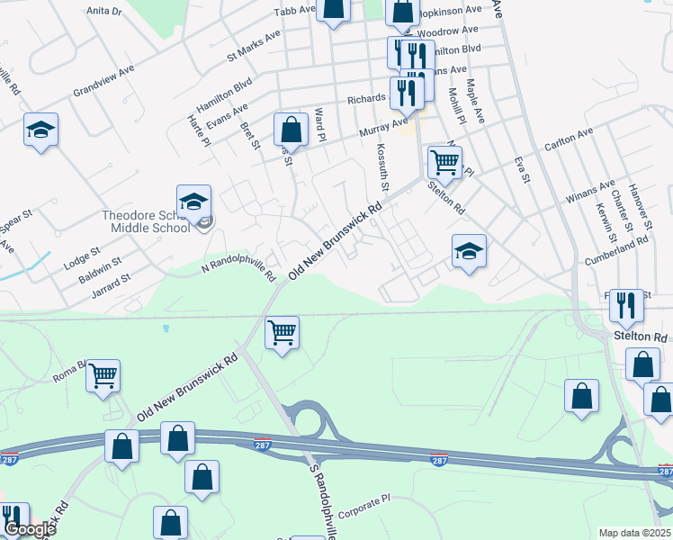map of restaurants, bars, coffee shops, grocery stores, and more near 1203 Schindler Court in Piscataway