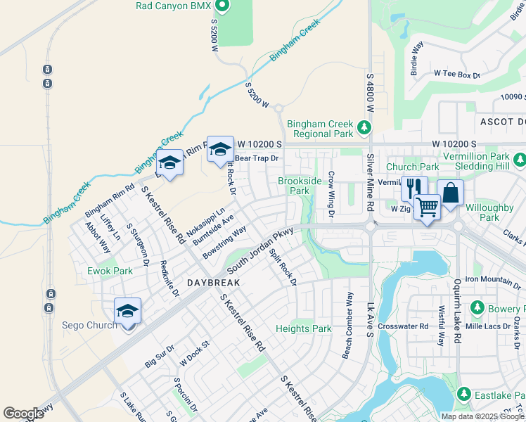 map of restaurants, bars, coffee shops, grocery stores, and more near 5034 Bowstring Way in South Jordan