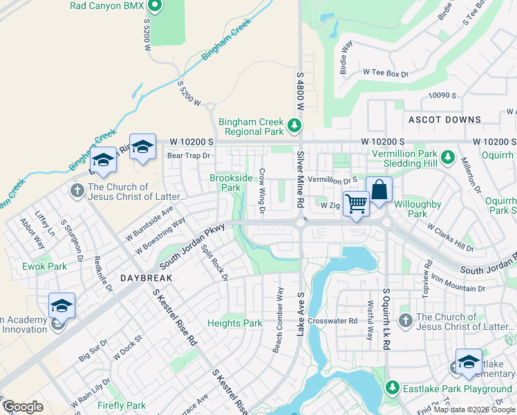 map of restaurants, bars, coffee shops, grocery stores, and more near 10368 Crow Wing Drive in South Jordan