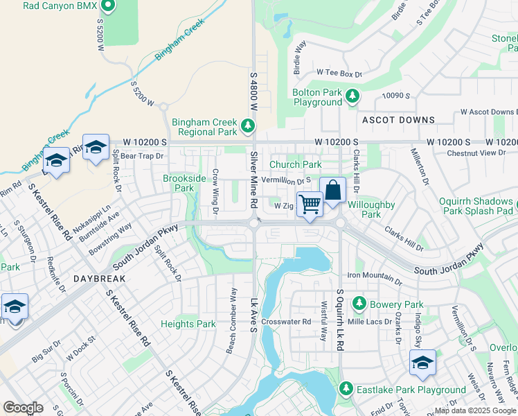 map of restaurants, bars, coffee shops, grocery stores, and more near 10363 Silver Mine Road in South Jordan
