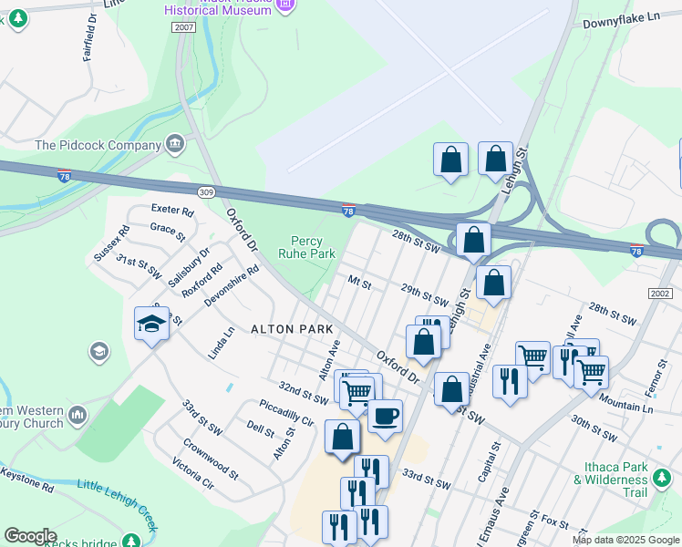 map of restaurants, bars, coffee shops, grocery stores, and more near 2910 Pearl Avenue in Allentown