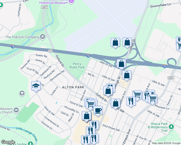 map of restaurants, bars, coffee shops, grocery stores, and more near 1835 29th Street Southwest in Allentown