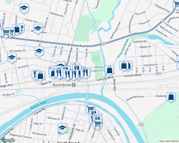 map of restaurants, bars, coffee shops, grocery stores, and more near 521 East 2nd Street in Bound Brook