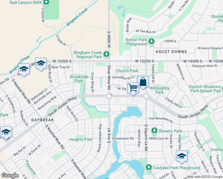 map of restaurants, bars, coffee shops, grocery stores, and more near 10363 Silver Mine Road in South Jordan