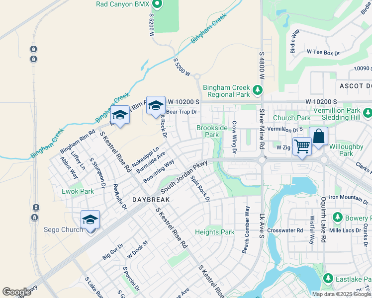 map of restaurants, bars, coffee shops, grocery stores, and more near 5034 Bowstring Way in South Jordan