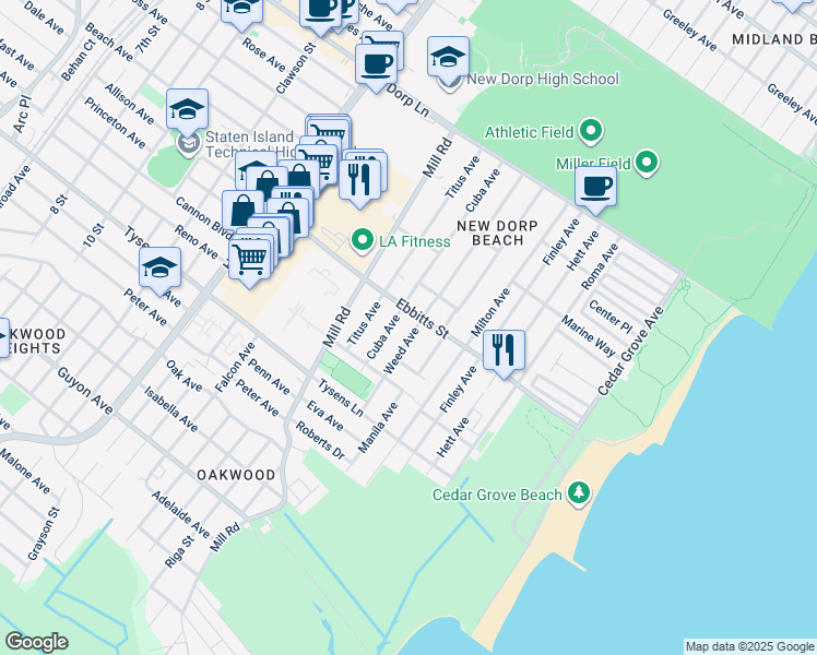 map of restaurants, bars, coffee shops, grocery stores, and more near 206 Cuba Avenue in Staten Island