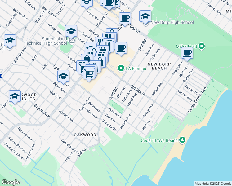 map of restaurants, bars, coffee shops, grocery stores, and more near 243 Titus Avenue in Staten Island