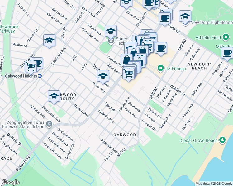 map of restaurants, bars, coffee shops, grocery stores, and more near 2854 Hylan Boulevard in Staten Island