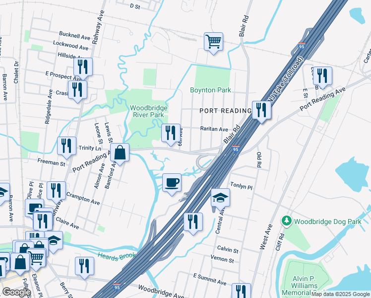 map of restaurants, bars, coffee shops, grocery stores, and more near 217 Port Reading Avenue in Woodbridge Township