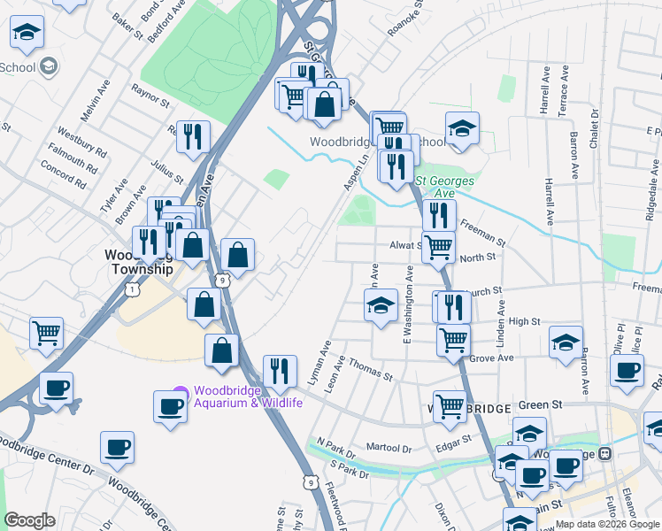 map of restaurants, bars, coffee shops, grocery stores, and more near 122 Willry Street in Woodbridge Township
