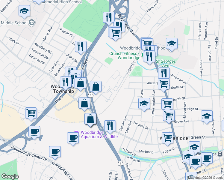 map of restaurants, bars, coffee shops, grocery stores, and more near 10 Aspen Lane in Woodbridge Township