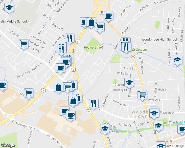 map of restaurants, bars, coffee shops, grocery stores, and more near 10 Aspen Lane in Woodbridge Township