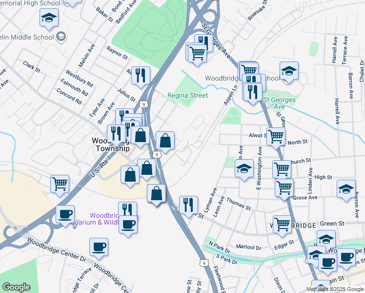 map of restaurants, bars, coffee shops, grocery stores, and more near 203 Michaels Court in Woodbridge Township