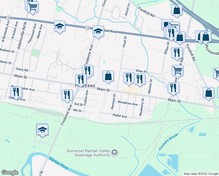 map of restaurants, bars, coffee shops, grocery stores, and more near 657 East Main Street in Bridgewater Township