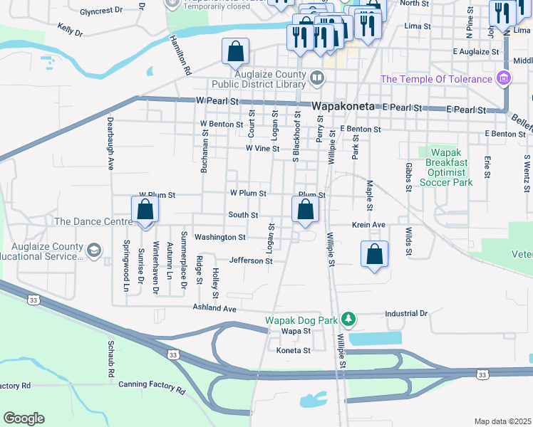 map of restaurants, bars, coffee shops, grocery stores, and more near 214 South Street in Wapakoneta
