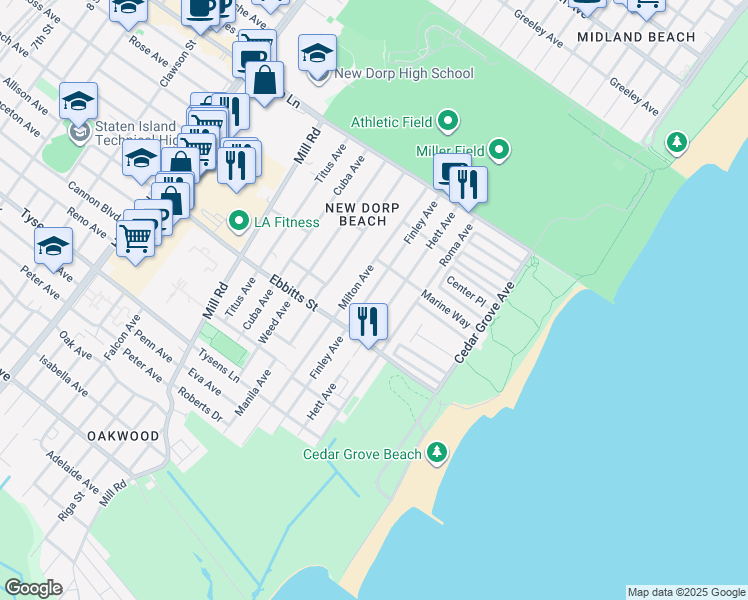 map of restaurants, bars, coffee shops, grocery stores, and more near 138 Finley Avenue in Staten Island