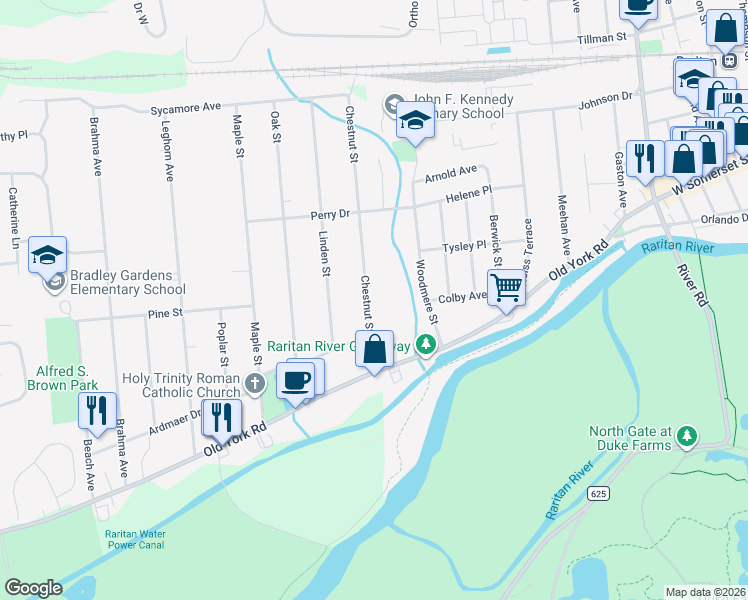 map of restaurants, bars, coffee shops, grocery stores, and more near 95 Chestnut Street in Bridgewater